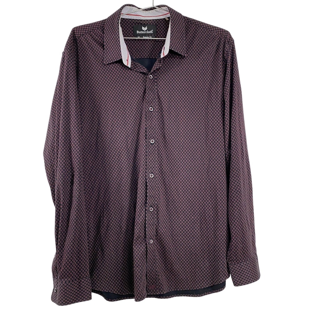 Buttercloth Shirt Mens‎ XL Black Red Geometric Button Front Long Sleeve Cotton